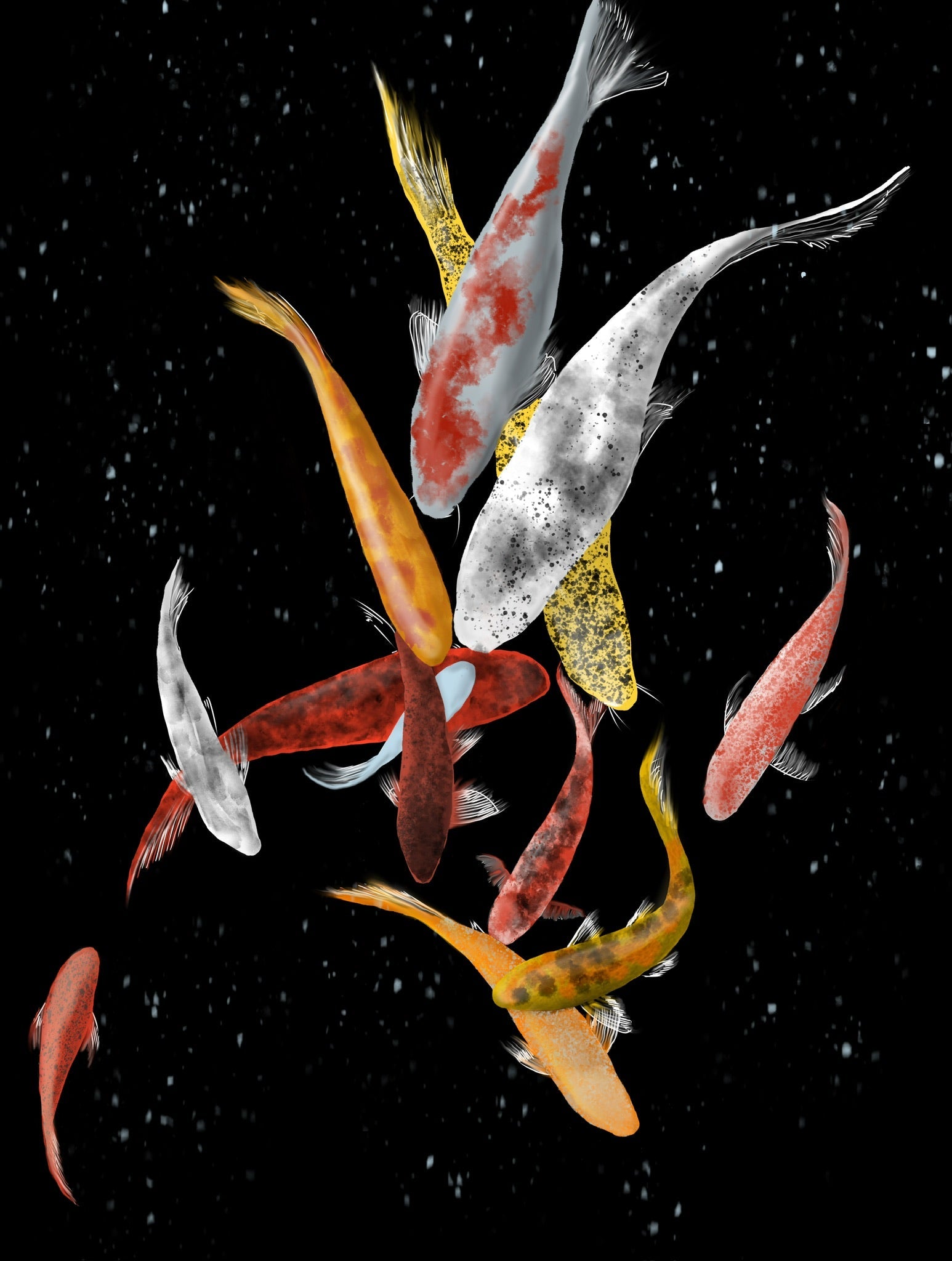 Grupo de peces koi blancos, rojos y naranjas sobre fondo negro con puntos luminosos dispersos
