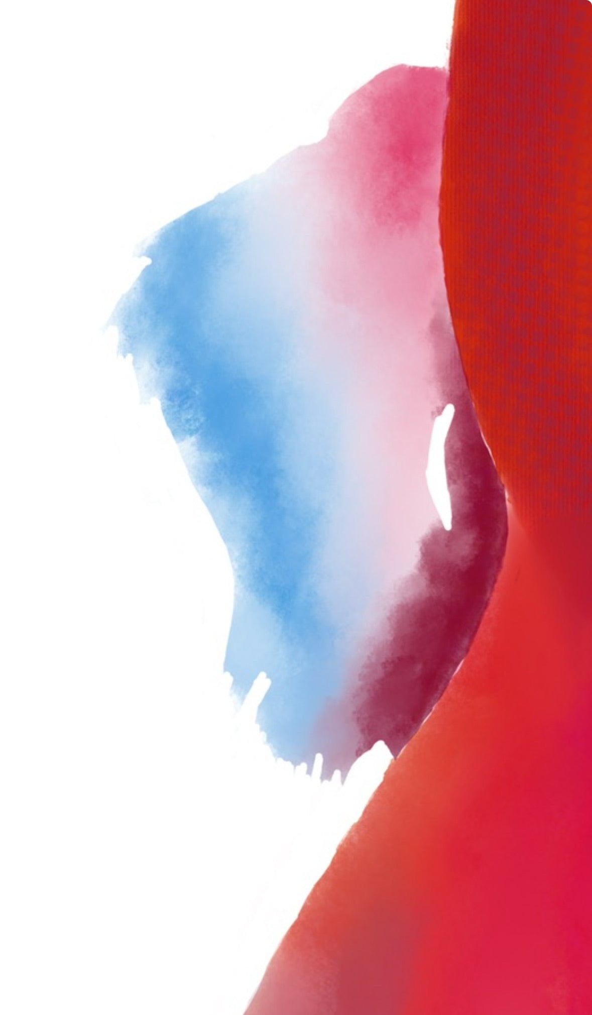 Detalle pictórico con textura suave en tonos azules y rojos.