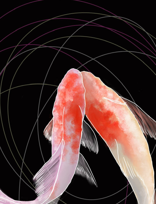 Detalle del contacto entre los dos peces koi, con pinceladas suaves en rojo, blanco y salmón.