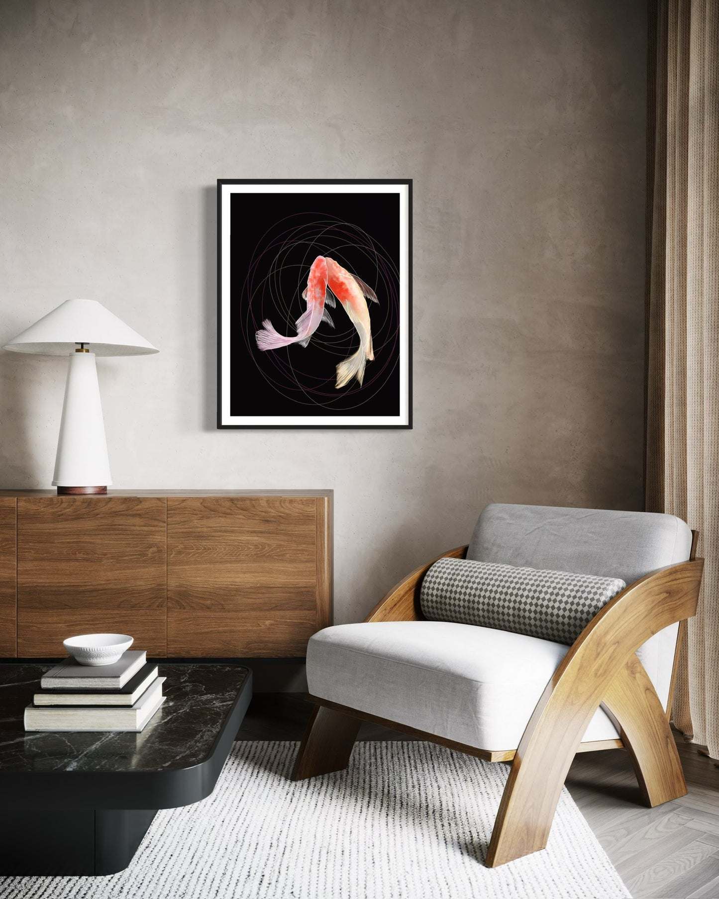 Lámina artística colgada en salón minimalista con silla de madera y aparador de líneas rectas.
