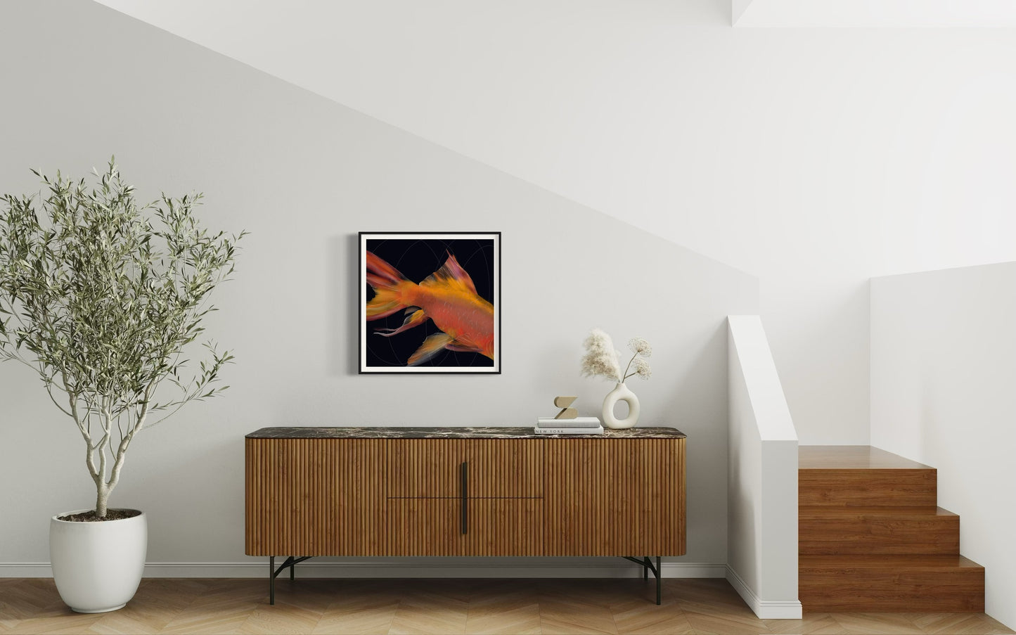 Lámina de arte digital con pez anaranjado sobre fondo claro y mueble moderno