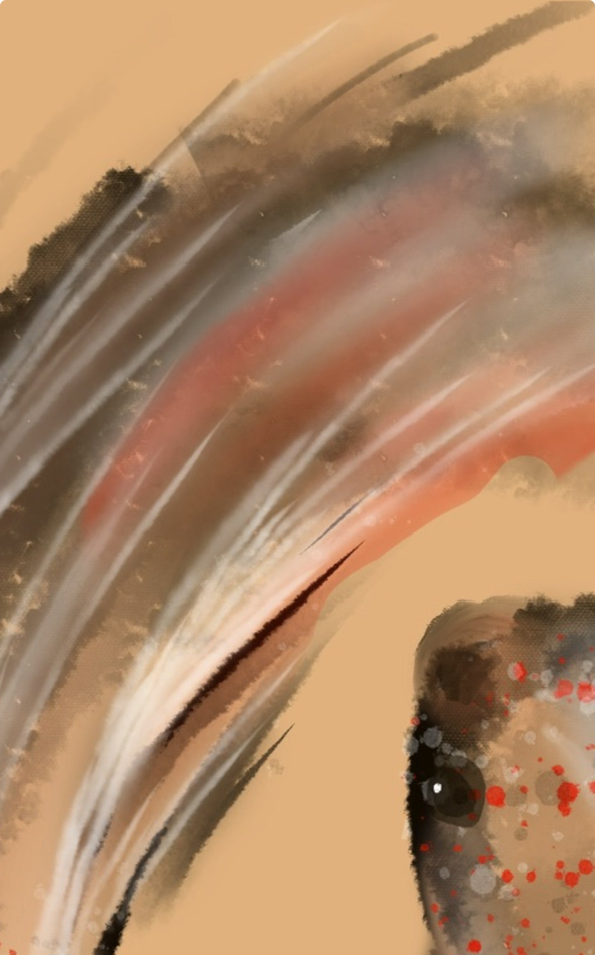 Detalle de una de las aletas del pez en tinta negra, blanca y roja sobre fondo neutro