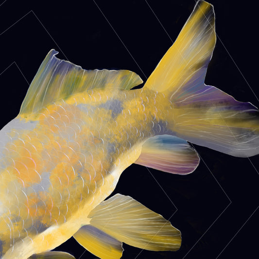 Pez amarillo sobre fondo negro con líneas geométricas. Arte digital contemporáneo.
