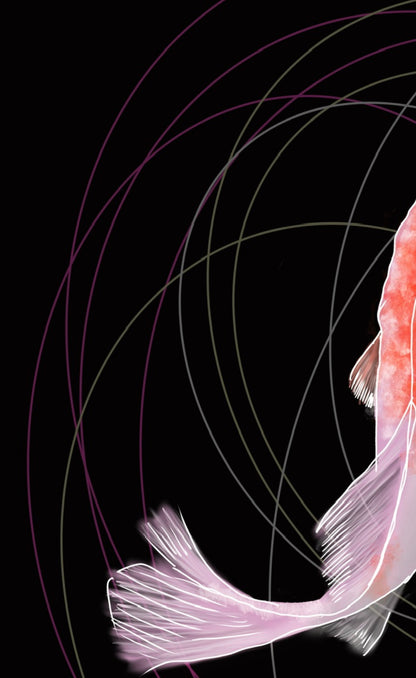 Aleta en tonos rosados con contorno blanco sobre fondo negro y líneas geométricas curvas.
