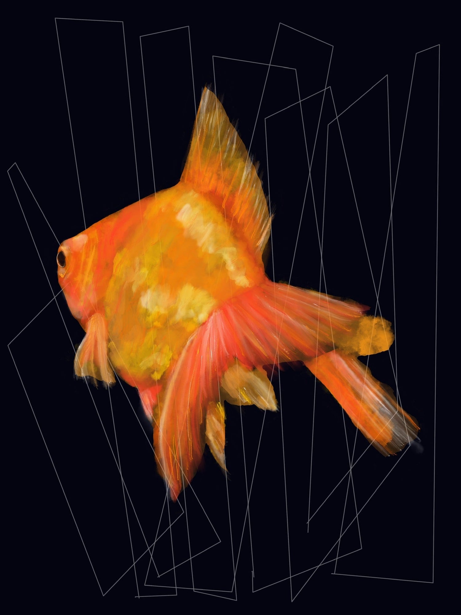 Pintura digital de un pez dorado sobre fondo negro con líneas geométricas superpuestas.