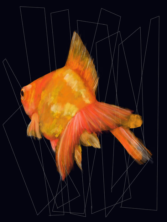 Pintura digital de un pez dorado sobre fondo negro con líneas geométricas superpuestas.
