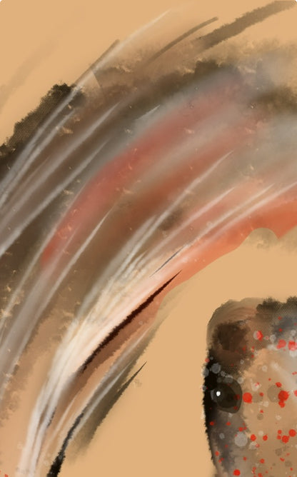 Detalle de una de las aletas del pez en tinta negra, blanca y roja sobre fondo neutro